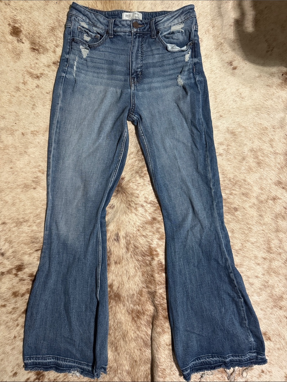BKE Women's Medium Blue Distressed Flare Jeans